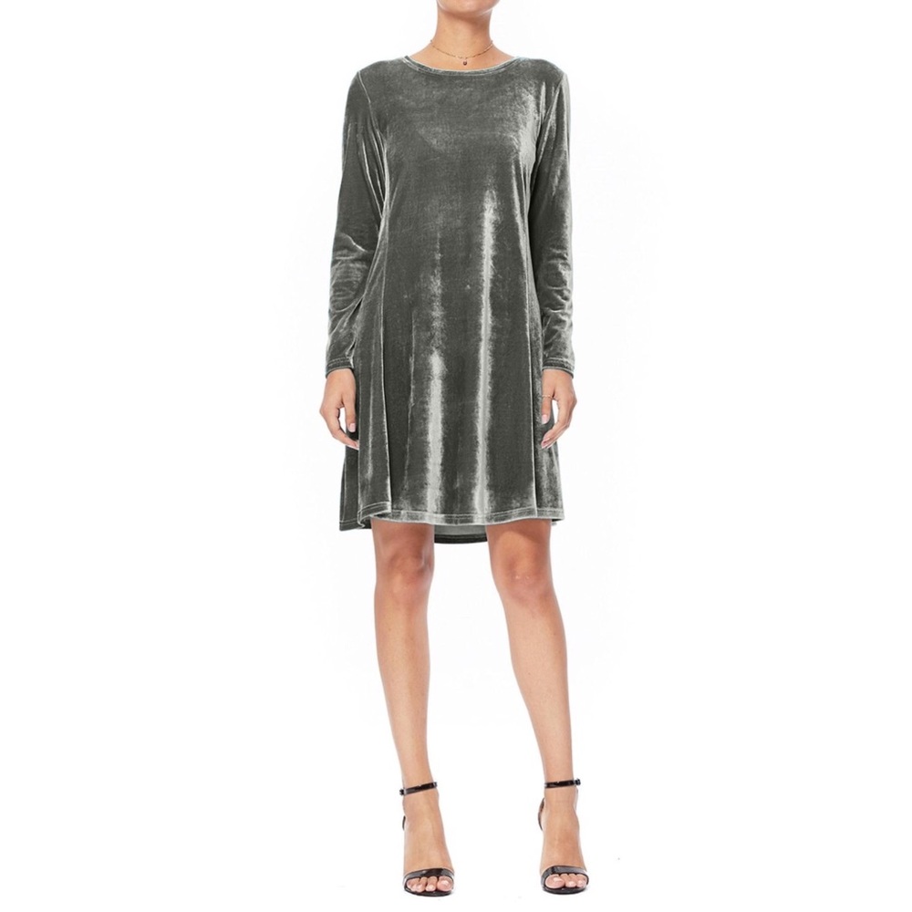 Aryeh Grey Crushed Velvet Long Sleeve Dress